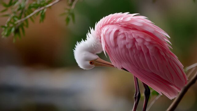 Pink roseate spoonbill perched elegantly amidst lush greenery.