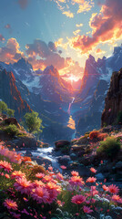 peaceful mountain sunrise over a blooming flower valley with dreamy colors and glowing light