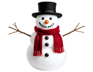 Classic Snowman with Scarf and Top Hat, Front View, Isolated PNG