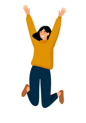 A happy woman jumping with arms raised in celebration isolated on transparent background