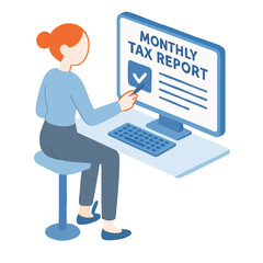 Isometric Girl Working on Monthly Tax Report Finance Illustration