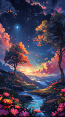 Serene fantasy night landscape with glowing trees, flowers, and distant mountains under starry sky