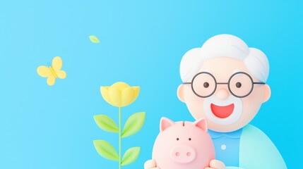 Naklejka premium Cute 3D illustration of a smiling elderly man with glasses holding a piggy bank, alongside a yellow flower and butterfly on a blue background.