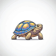 A colorful, stylized illustration of a tortoise with a patterned shell, walking forward on a white background.