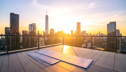 Rooftop yoga mat at sunset, overlooking city skyline