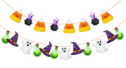 Adorable Halloween Party Garland: Cartoon Candy Corn, Ghosts, Witches' Hats, Potions; Festive, Playful Design.