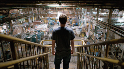 Industrial Vista: A solitary figure stands on a high vantage point, overlooking a vast industrial expanse, evoking a sense of contemplation and the scope of human endeavor.