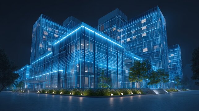 Futuristic hospital exterior at night glowing with animated health grid map