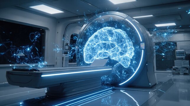 Futuristic MRI machine with glowing neural network overlay analyzing brain scans, blue holographic UI, hospital setting 