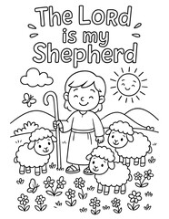 christian coloring page with child shepherd and happy sheep in a field under bible verse about god&rsquo;s guidance, perfect for sunday school, homeschool and kids faith-based activities