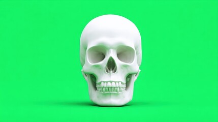 Fototapeta premium White human skull centered on a vibrant green background, highlighting anatomical features with stark contrast.