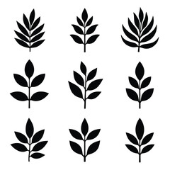 Nine Simple Black Leaf Icons Arranged Symmetrically On A Stark White Background Botanical