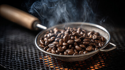 Freshly roasted coffee beans steaming in a metal sieve over a heat source
