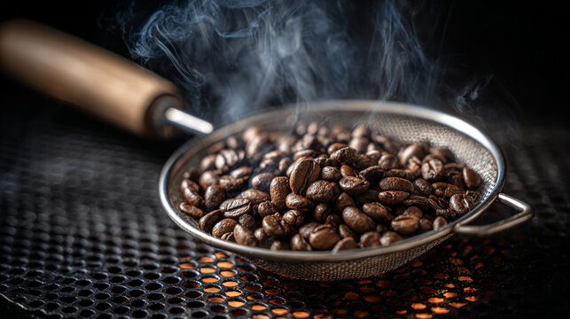 Freshly roasted coffee beans steaming in a metal sieve over a heat source