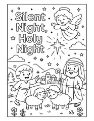 christian coloring page with shepherds, sheep and angel under the star of bethlehem with quote silent night holy night, great for sunday school, homeschool and christmas faith-based activities