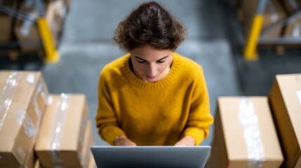 A young woman works diligently on her laptop in a warehouse. She is surrounded by stacked boxes. This image captures a blend of productivity and organization in a modern workspace. AI