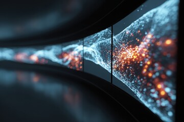 Genomic data flowing across curved screen in pharmaceutical workspace 