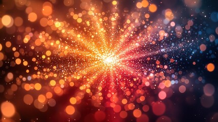 Abstract bokeh bursts from center, orange, red, & blue colors
