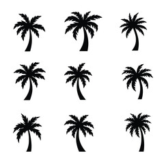 A Collection Of Nine Various Black Silhouette Designs Of Coconut Trees In Flat Design Style
