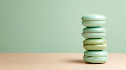 Colorful stack of mint green macarons on a smooth surface against a pastel background