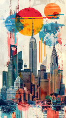 abstract cityscape with watercolor texture and bold circular sun accents