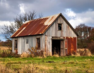 Rustic weathered barn in a field under a cloudy sky
