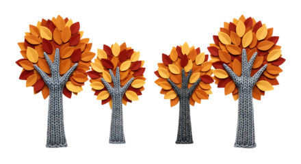 Four autumn trees with colorful leaves isolated on transparent background