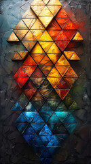 Abstract triangle mosaic with deep tones and radiant light reflection pattern