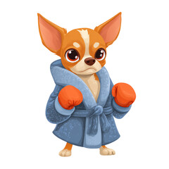 Chihuahua boxer in a robe and gloves ready to fight isolated on transparent background
