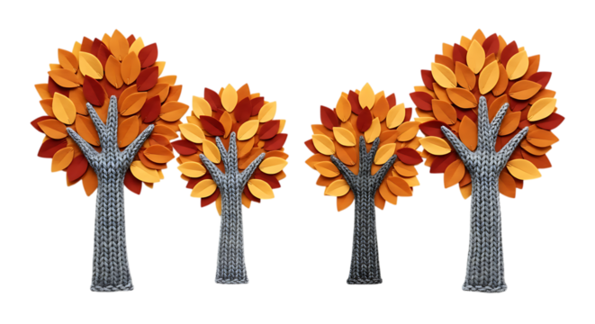 Four autumn trees with colorful leaves isolated on transparent background