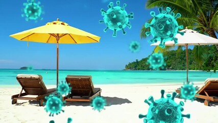 Tropical beach loungers, virus overlay, vacation - Powered by Adobe
