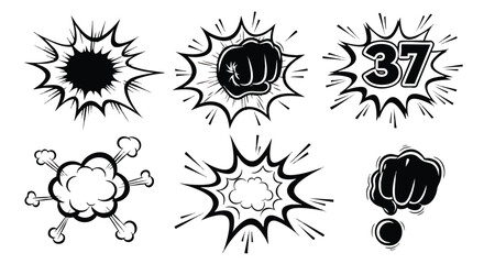 Comic book style graphic elements featuring explosions, a fist, and the number 37.