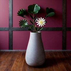 Elegant Grey Vase with Artificial Flowers Against a Maroon Wall