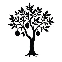 Obraz premium Stylized Black Silhouette Of A Mango Tree With Fruit And Leaves Against A White Background