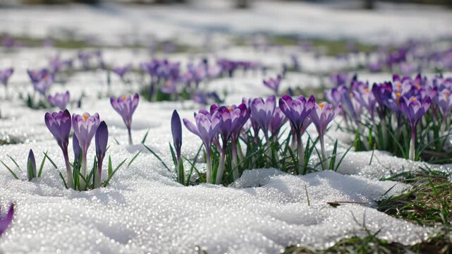 Delicate purple crocus flowers blossom in a snowy spring meadow
