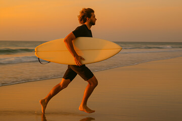 Side view of surfer running with board along beach at sunset