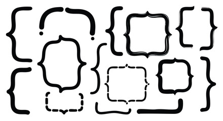 Obraz premium Collection of various black curly brackets and braces, different styles and sizes, isolated on white.