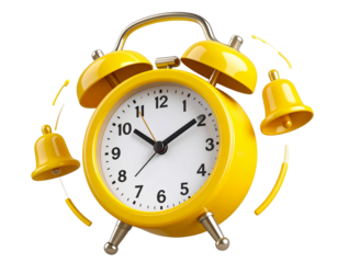 Angled View of Vibrant Yellow Alarm Clock with Ringing Bells and Motion Effect – Transparent PNG