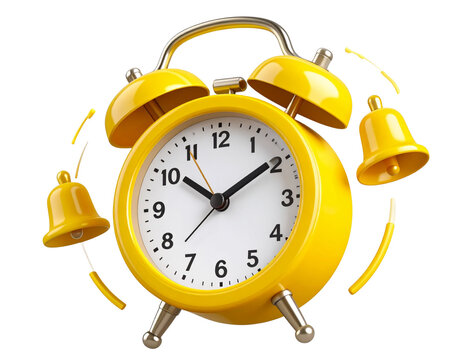 Angled View of Vibrant Yellow Alarm Clock with Ringing Bells and Motion Effect &ndash; Transparent PNG