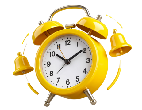 Angled View of Vibrant Yellow Alarm Clock with Ringing Bells and Motion Effect – Transparent PNG