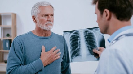 Fototapeta premium Doctor is explaining X ray of chest to patient, who appears concerned. setting is medical office, emphasizing health and care