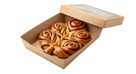 Cinnamon rolls in a cardboard box isolated on transparent background