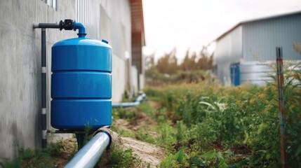 Blue rainwater collection system is positioned beside building rural setting, surrounded by greenery and agricultural land. This system is designed for efficient water management