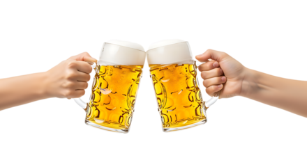 Two hands are toasting with beer mugs isolated on transparent background