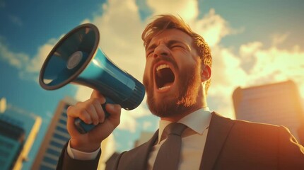 Businessman with Megaphone Yelling Outdoors Against City Skyline - Powered by Adobe