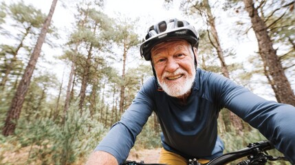 Elderly man smiling while riding mountain bike through forest, showcasing joy and adventure in nature. scene captures essence of outdoor activity and vitality