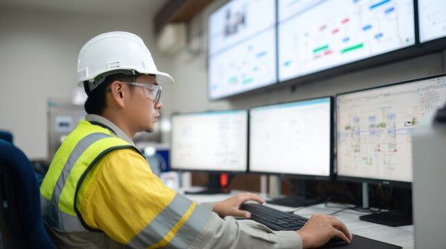 Focused industrial worker in safety helmet and reflective vest reviews digital wireframes on multiple computer screens, showcasing high tech workspace