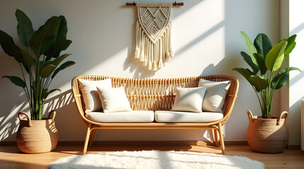 Minimalist living room with rattan loveseat, woven baskets and boho macramé decor