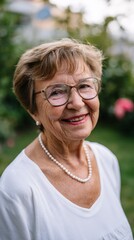 Elderly caucasian female in glasses smiling outdoors in garden setting