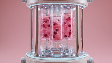 Lab-grown meat bioreactor (UPSIDE Foods) with cultured chicken cells, sterile pink nutrient media 